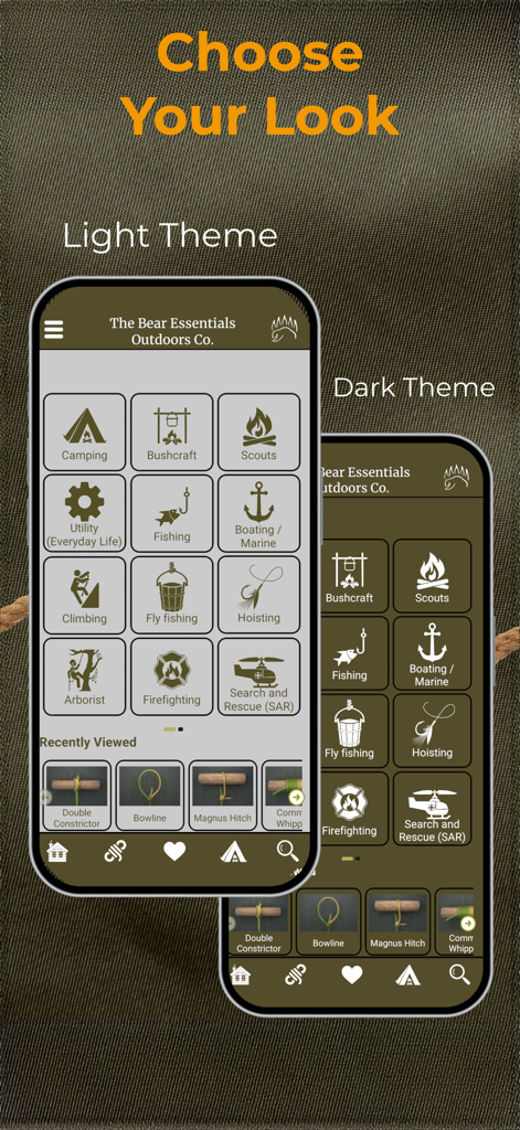 Interface de l'application Knot IQ affichant des options de thèmes clair et sombre pour les catégories de nœuds d'extérieur