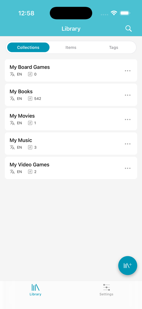 The Libib app library screen showing a list of physical media collections including books board games and movies