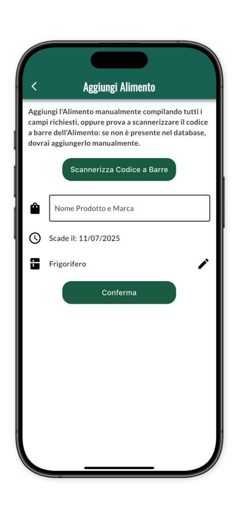 Pantalla de smartphone mostrando la interfaz para añadir un artículo de comida con escáner de código de barras e introducción de fecha de caducidad.