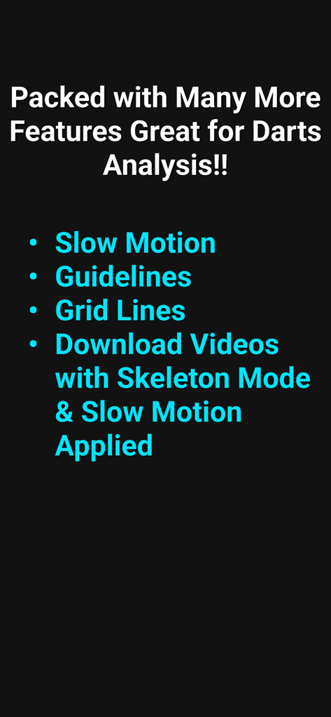 List of advanced features for darts analysis including slow motion and grid lines