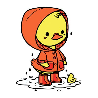baby duck in a rain coat and boots, in a puddle while it’s raining