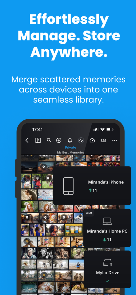Mylio Photos interface showing photo synchronization between an iPhone and a home computer