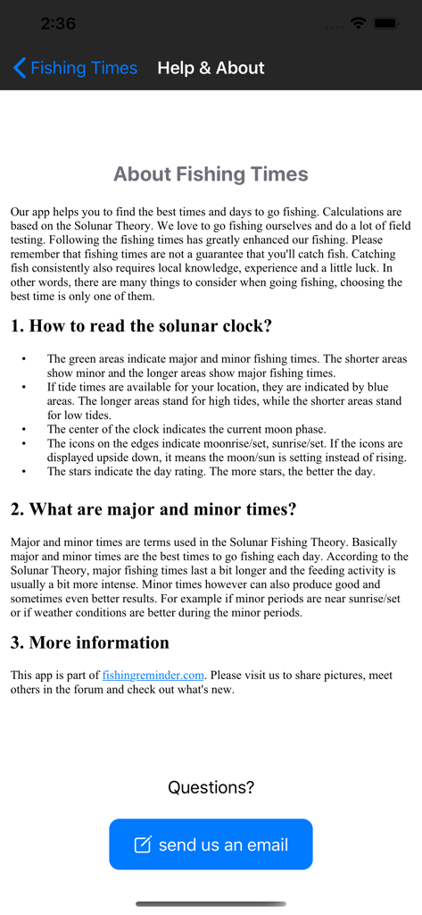 Fishing Times Pro - Help and About page of Fishing Times Pro app detailing solunar fishing theory and clock instructions