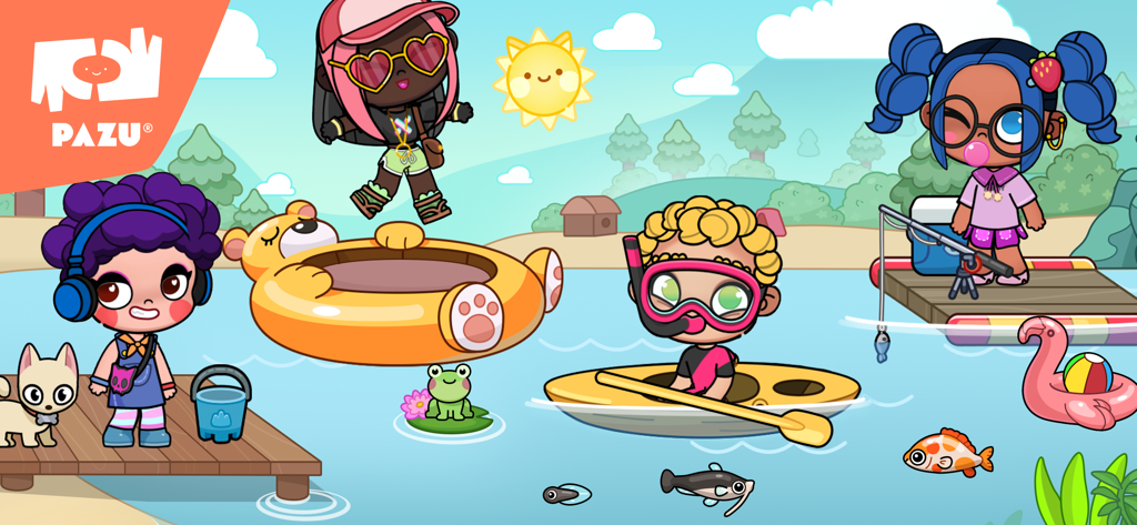Four cute avatars enjoying summer activities like kayaking and fishing at a lake in Avatar World