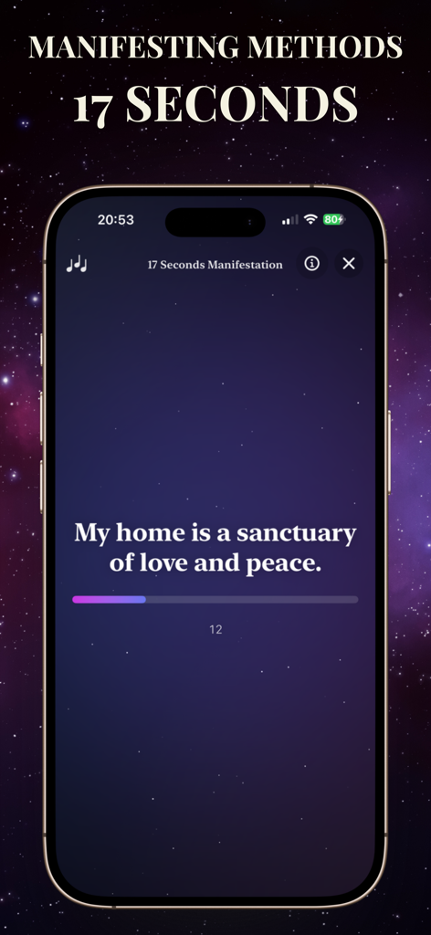 Secret Manifestation Journal - Brilla-App-Oberfläche, die die siebzehn Sekunden dauernde Manifestationstechnik mit einer positiven Affirmation auf sternenklarem Hintergrund zeigt.