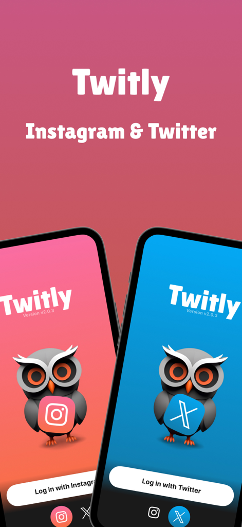Pantalla de inicio de sesión de la aplicación Twitly para Instagram y Twitter con una mascota de búho