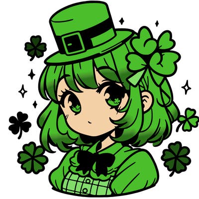 a manga-style girl with clovers around her, a little hat in her hair, like it's saint patrick's day