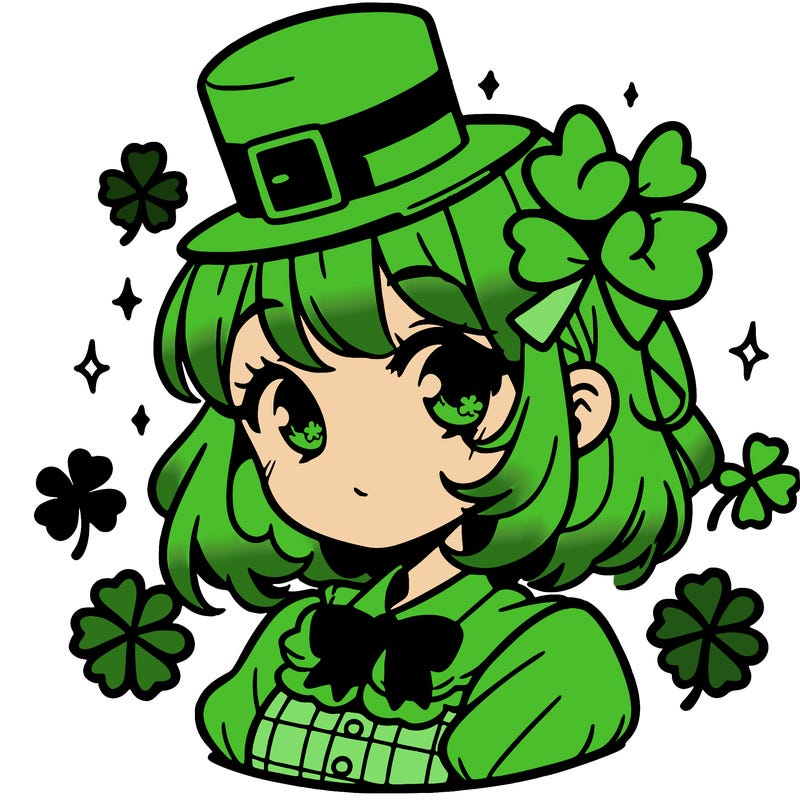 a manga-style girl with clovers around her, a little hat in her hair, like it's saint patrick's day