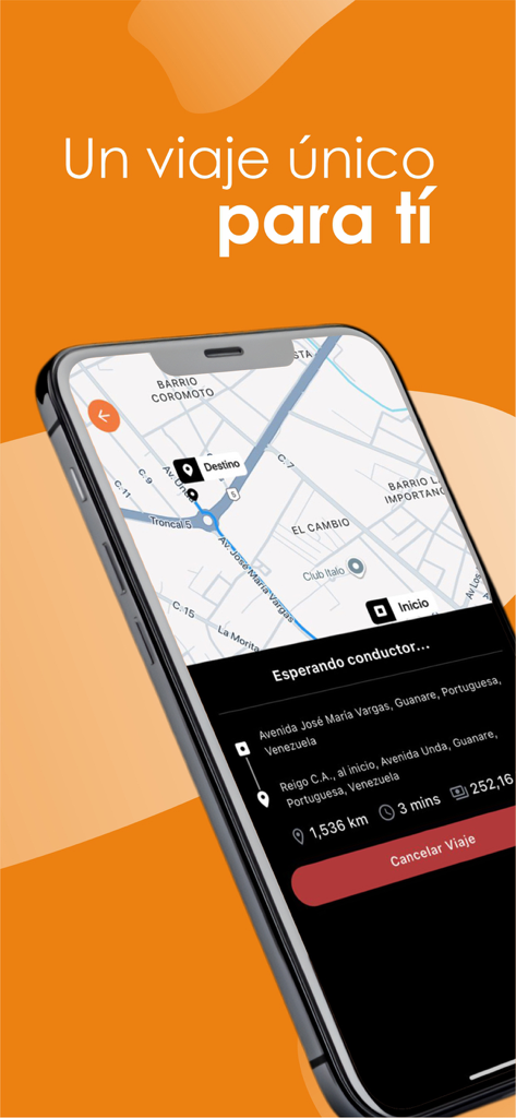 Roda Rides - Roda Rides app interface showing a map with ride tracking and trip details in Spanish.