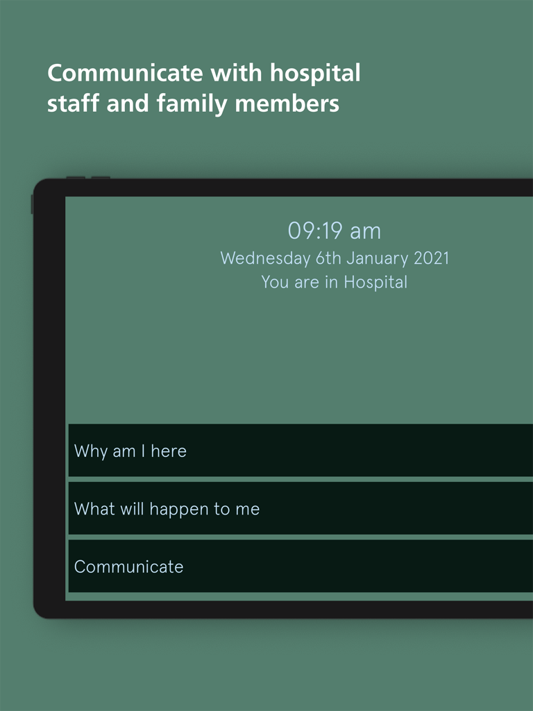 ICU Communication App - Benutzeroberfläche der ICU Kommunikations-App mit Patienten-Beruhigungsnachricht und Menüoptionen