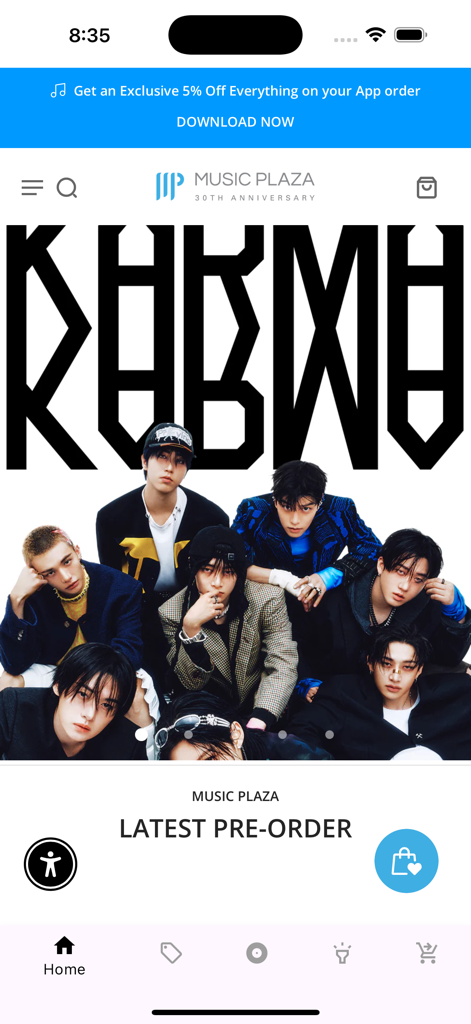 Music Plaza-Kpop Album & Merch - Music Plaza mobile app home screen featuring K-pop group and latest pre-orders
