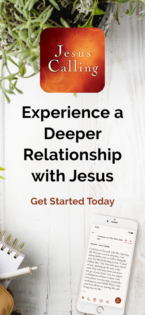 Jesus Calling app intro screen featuring the text Experience a Deeper Relationship with Jesus on a wooden background