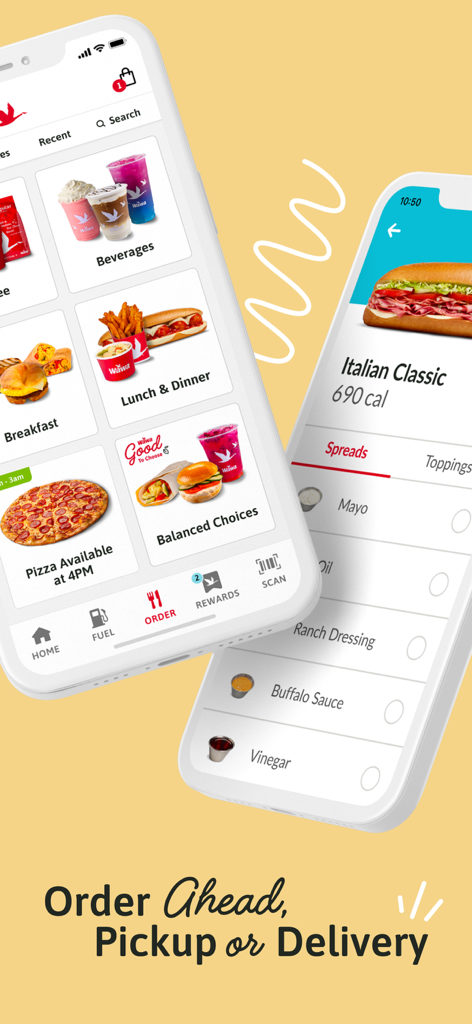 Wawa app interface with food categories and hoagie customization for ordering ahead