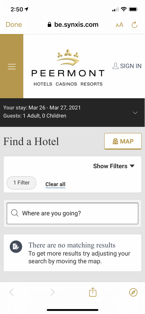 Peermont Hotels - Peermont Hotels app search screen for booking hotel rooms and resorts