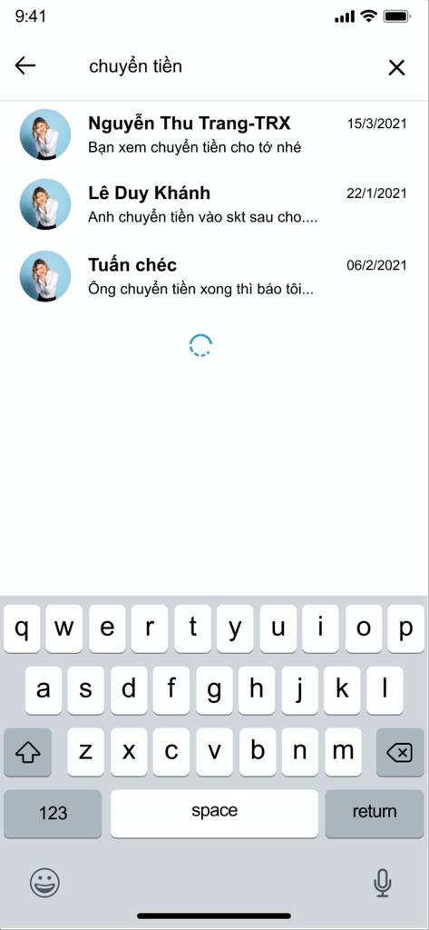 Interfaz de búsqueda de Teaser Messenger mostrando una lista de resultados de chat para consultas de transferencia de dinero con un teclado móvil visible
