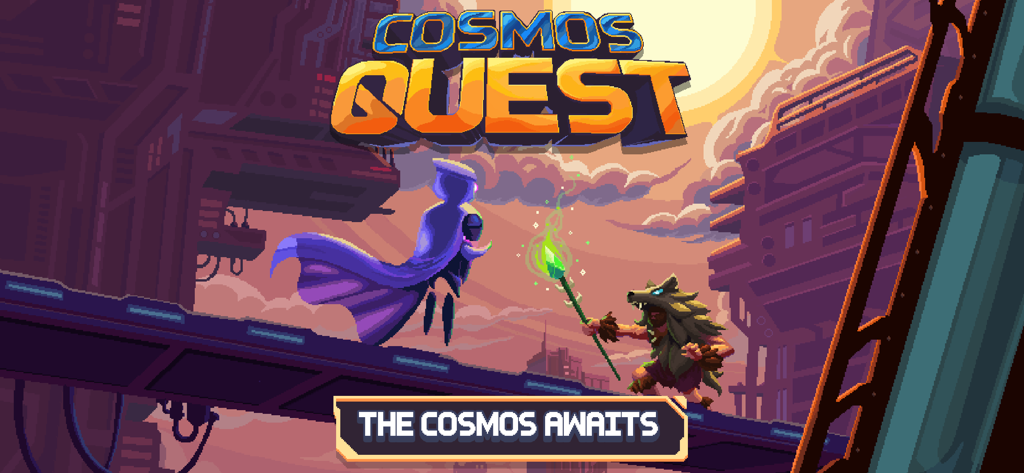 Illustration du jeu Cosmos Quest présentant des héros en pixel art et un arrière-plan de ville de science-fiction