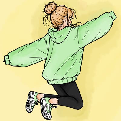 realistic girl jumping with a bun and oversized sweatshirt