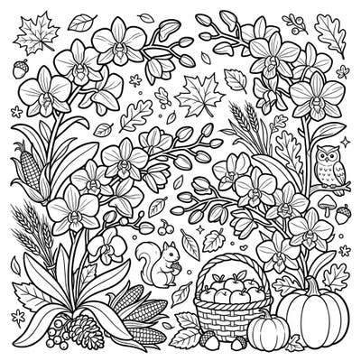 Immerse yourself in the captivating blend of exotic Dendrobium orchids and classic autumn elements in this unique coloring page. Discover a bountiful harvest scene featuring charming woodland creatures and seasonal foliage, perfect for an engaging coloring experience.