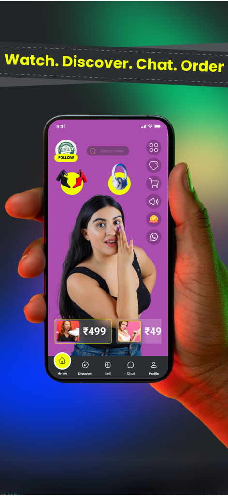A smartphone screen displaying the CoutLoot Swipe app interface with a shoppable vertical video feed featuring products and prices.