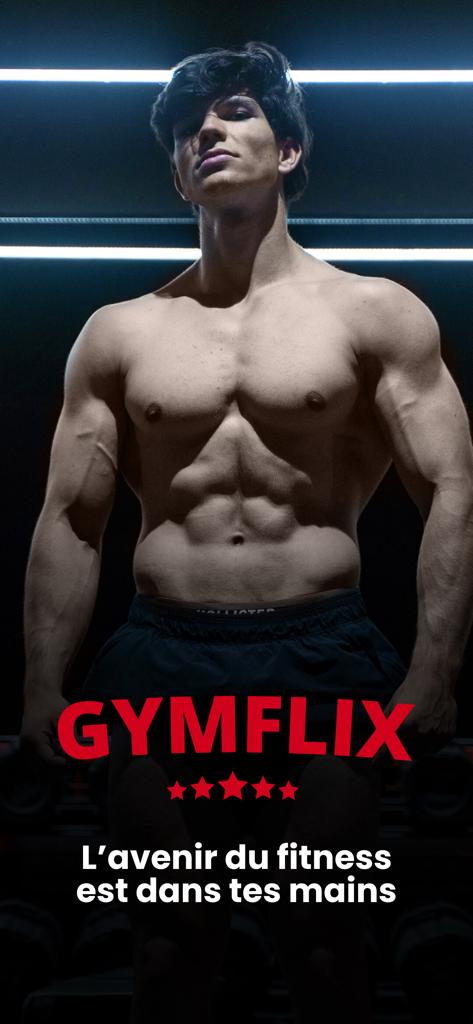 Gymflix - Fitness Workouts - Gymflix app launch screen featuring a muscular bodybuilder and five star rating
