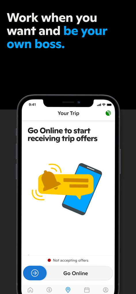 Gopuff Driver - Gopuff Driver App-Oberfläche mit der Schaltfläche Online gehen und dem Slogan für flexible Arbeit