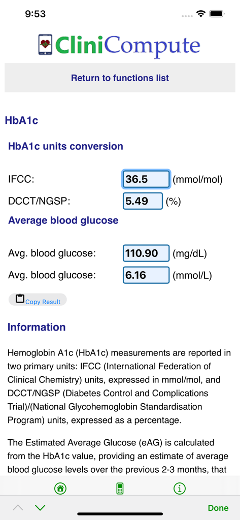 Conversión de unidades de HbA1c y calculadora de glucosa en sangre promedio en la interfaz de la aplicación médica CliniCompute