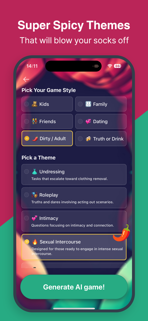 Truth or Dare AI -  Dirty Game - Selection screen of the Truth or Dare AI app showing spicy game styles and adult themes.