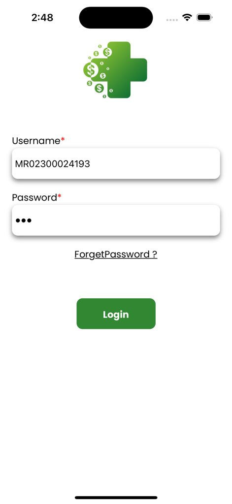 Schermata di accesso dell'app MHealth plus con campi per nome utente e password