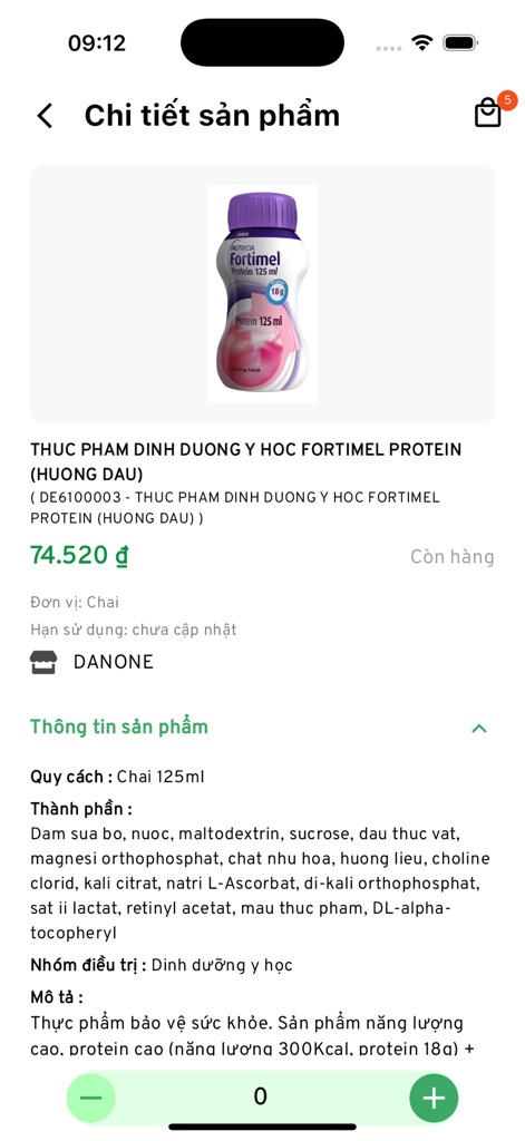 Hoàng Đức - Hoang Duc pharmaceutical app screen displaying product details for Fortimel Protein medical nutritional supplement