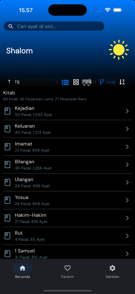 BibleNow!: Alkitab Offline - BibleNow app home screen showing a list of Indonesian Bible books in dark mode