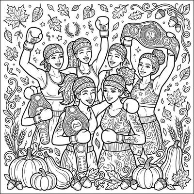 Step into the ring of creativity with this vibrant coloring page featuring triumphant boxers celebrating their victory. Surrounded by the beautiful bounty of autumn, it's a perfect blend of athletic spirit and seasonal charm.