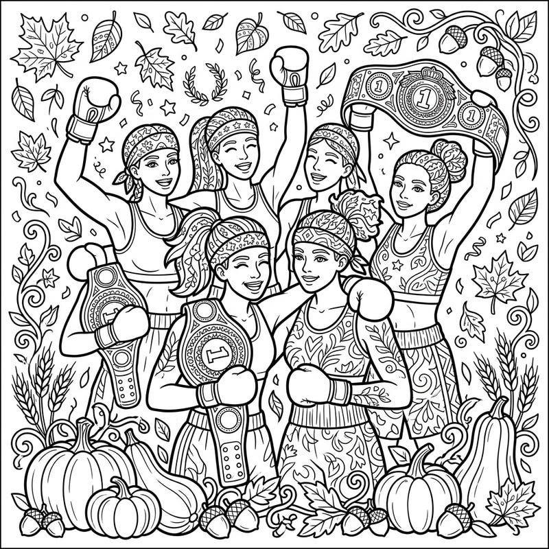Step into the ring of creativity with this vibrant coloring page featuring triumphant boxers celebrating their victory. Surrounded by the beautiful bounty of autumn, it's a perfect blend of athletic spirit and seasonal charm.