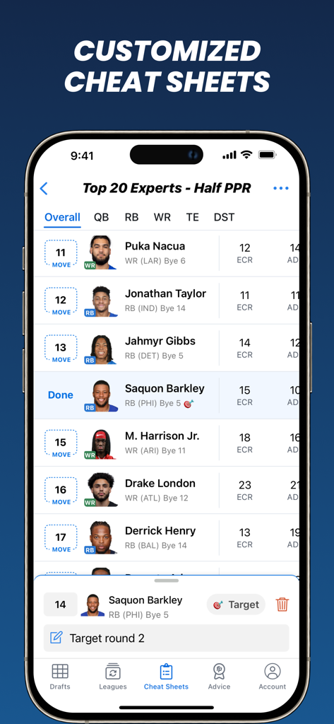 Fantasy Football Draft Wizard mobile app interface displaying customized cheat sheets with NFL player rankings and draft targets.
