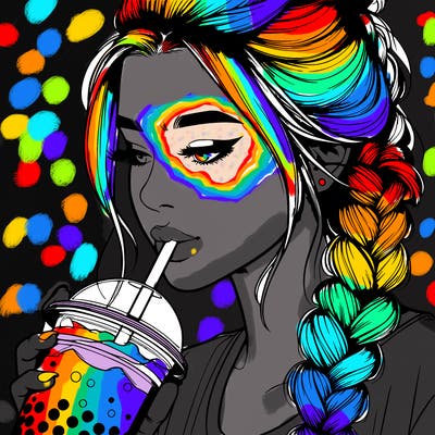 realistic girl drinking boba tea with braided hair