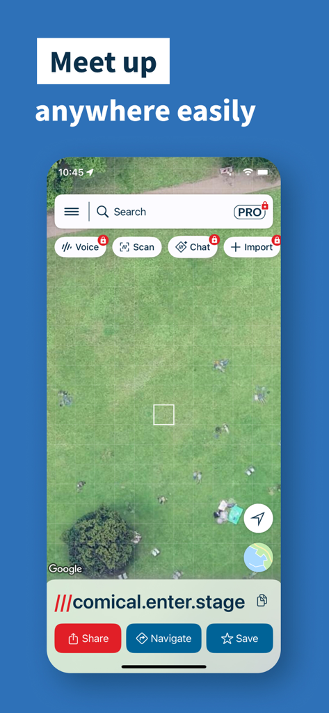 Smartphone showing what3words app with a satellite map view and a specific 3-word address for meeting up.