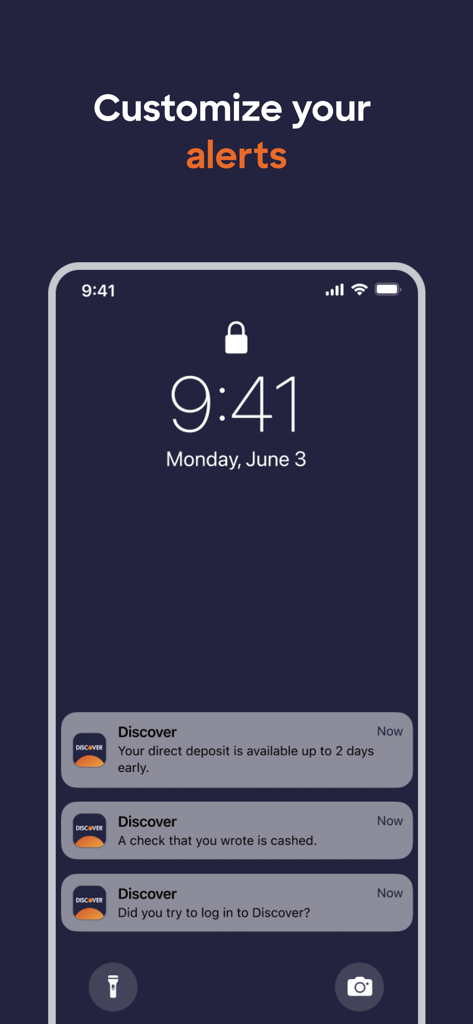 Discover Mobile app notifications on a phone lock screen showing account alerts