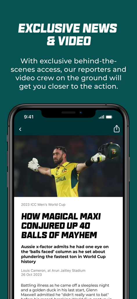 Cricket Australia Live app showing an exclusive news article about Glenn Maxwell