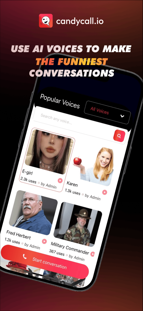 CandyCall app interface showing popular AI prank voices including E-girl and Karen characters