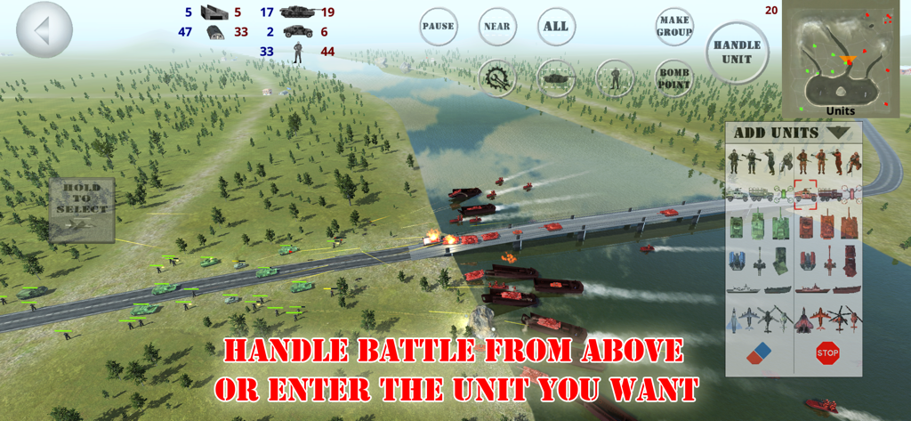 Battle 3D - Strategy game - Strategic overhead view of a bridge battle with military units.