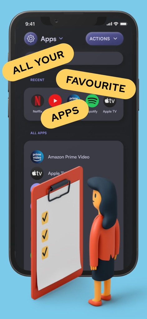 Une interface mobile de l'application de télécommande TCL affichant une liste d'applications de streaming préférées comme Netflix et YouTube
