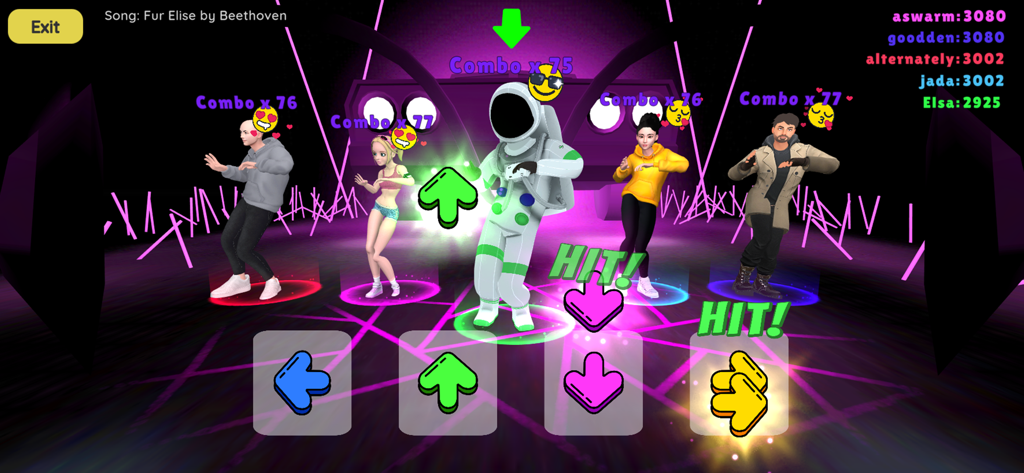 Dance Battle 3D - Characters performing a 3D dance battle on a neon stage with rhythm arrow controls and combo counters