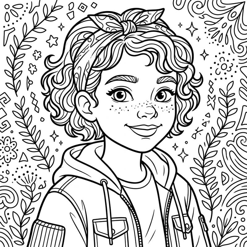 Discover the joy of coloring with this delightful portrait of a happy child, complete with playful freckles and curly hair. Surrounded by intricate patterns, this page offers a captivating artistic escape for all ages.