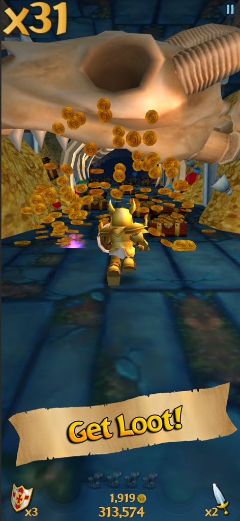 Golden knight character running through a dungeon collecting coins and treasure chests.