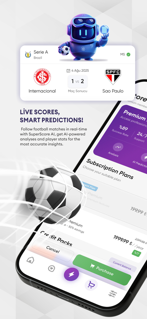 Super Score AI mobile app interface showing soccer match predictions and subscription plans with a blue robot mascot