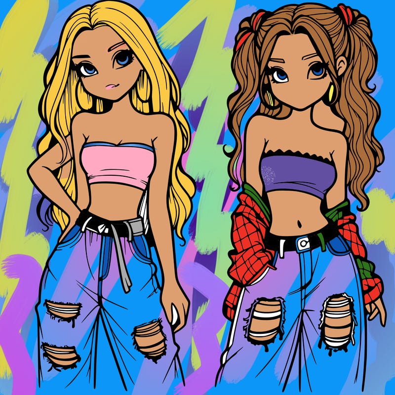 2 girls in crop tops and baggy jeans ripped