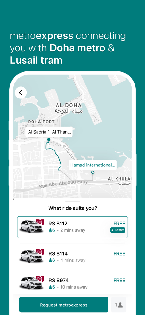Karwa Official app screen showing metroexpress booking options with a map of Doha and available free rides