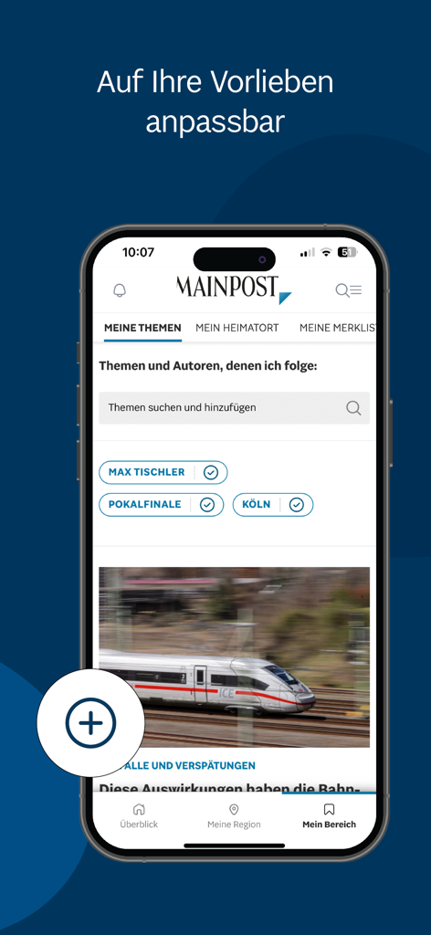 Captura de pantalla de la aplicación Main-Post News que muestra los temas de noticias personalizables y la sección de autores seguidos en un smartphone.