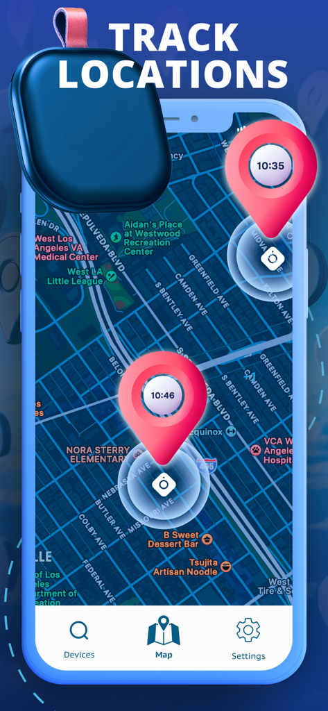 Air Tracker BLE Tag Detector app interface showing real-time location tracking on a city map