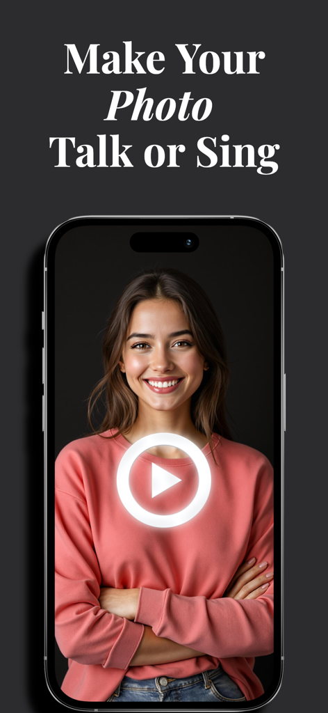 ReelFace: Bring Photos to Life - A mobile phone screen displaying the ReelFace app with a smiling woman portrait and the headline Make Your Photo Talk or Sing.