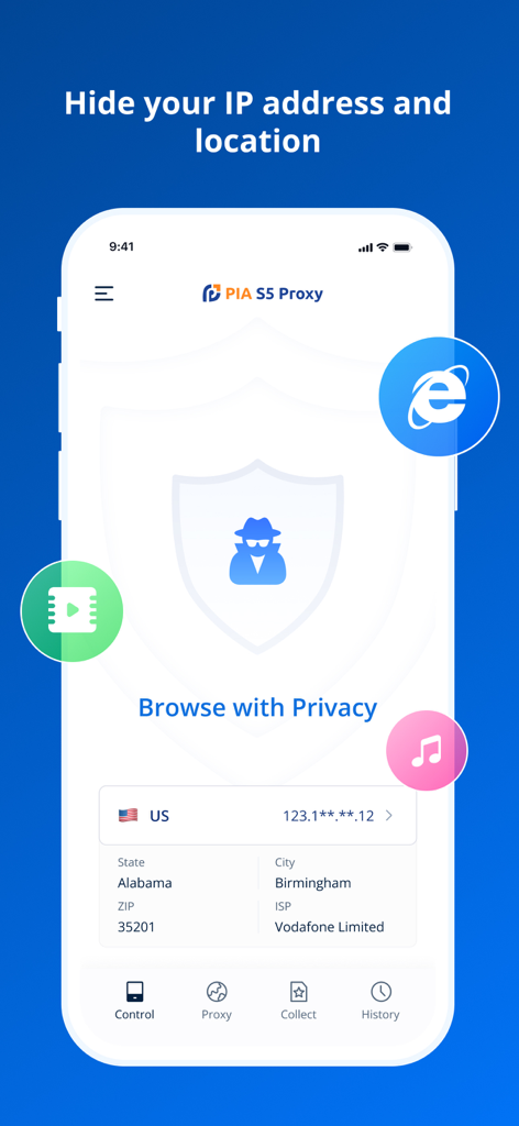 Interface mobile de PIA S5 Control montrant la dissimulation de l'adresse IP et les paramètres du proxy américain